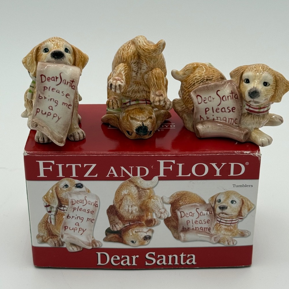 Fitz and Floyd Dear‎ Santa Puppy Dog Figurines Set of 3 Christmas Holiday Decor